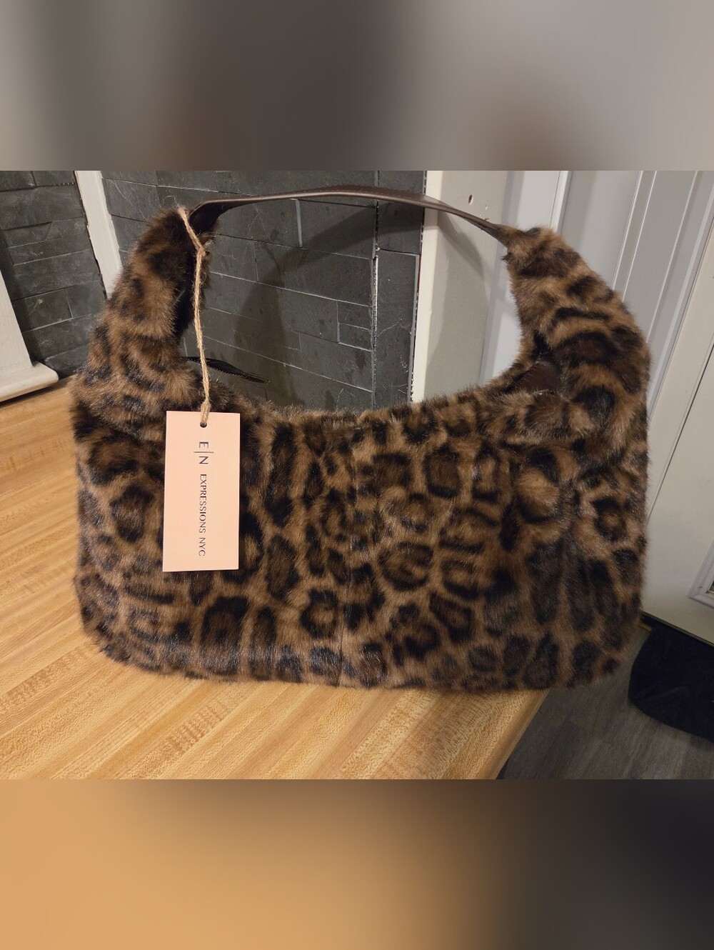 Expressions Leopard Print Faux Fur Shoulder Bag - Brown NWT
